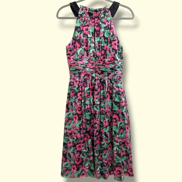 Kay Unger Pink Green Floral Ruched Silk Sleeveless Flowy Dress Glam Evening - Picture 2 of 11